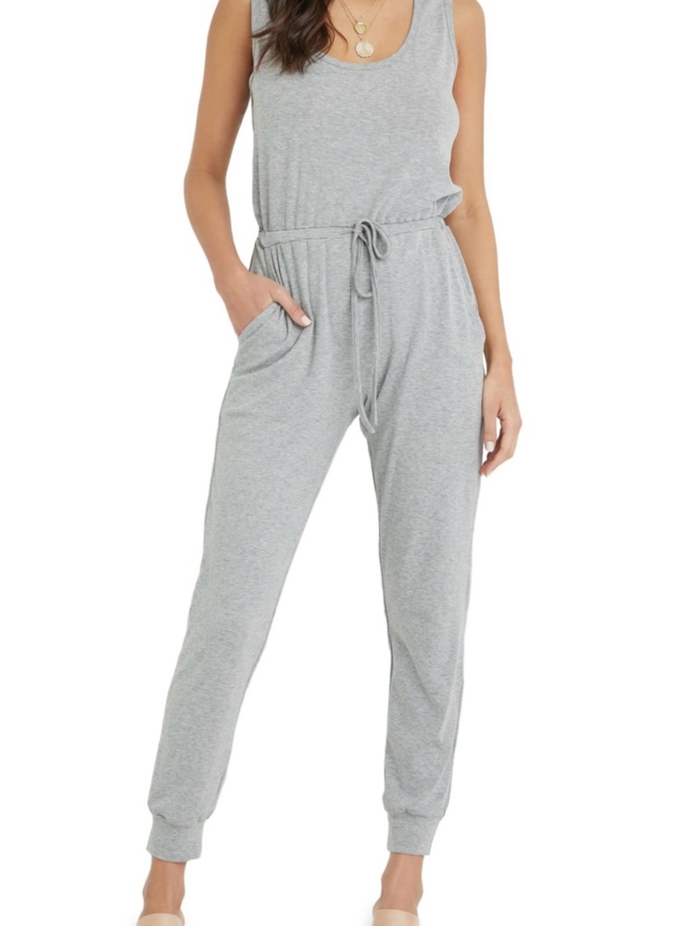 Vici Light Grey Sleeveless Drawstring Jumpsuit